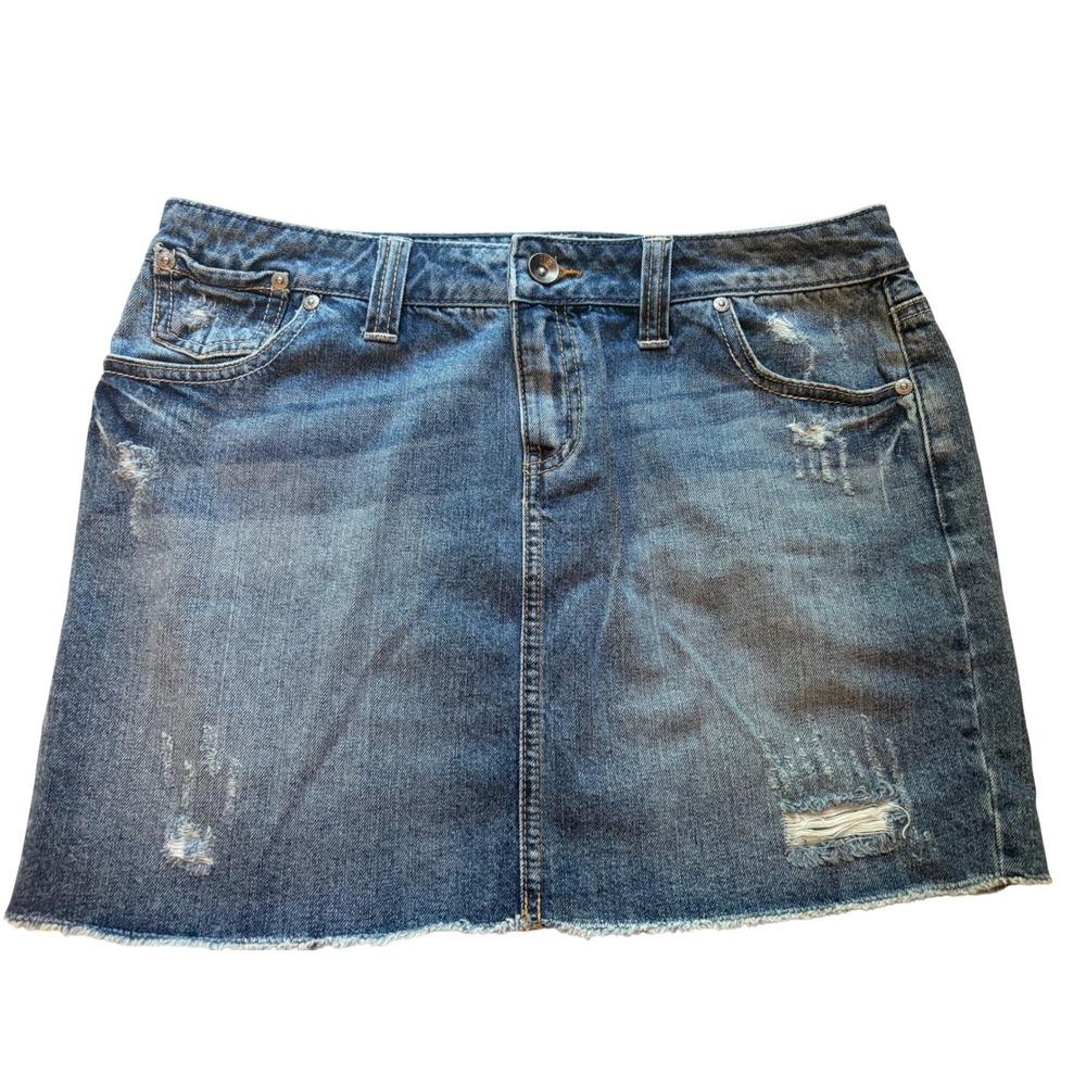 Apt. 9 Distressed Denim Mini Skirt Blue Medium Wash Frayed Hem Size (10)12